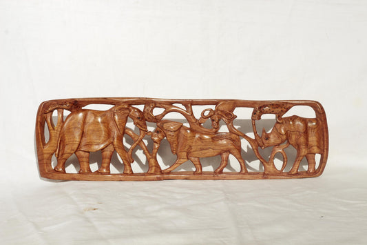African Big Five Olive wood carved Table Decor Panel. Safari animals art Smooth self Standing Brown Polished Handcarved gift for home/office