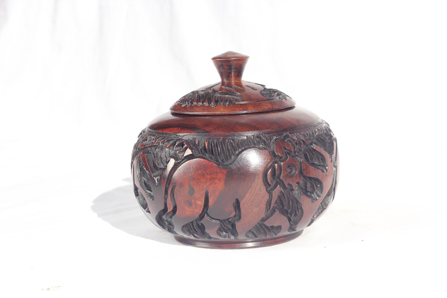 Animal Theme Art Ebony Wood Hand Carved Storage Bowl. Coffee /Sugar/ Peanut bowl with Elephant, Rhino, Lion and Tree Carvings. Ships Express