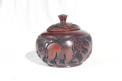 Animal Theme Art Ebony Wood Hand Carved Storage Bowl. Coffee /Sugar/ Peanut bowl with Elephant, Rhino, Lion and Tree Carvings. Ships Express