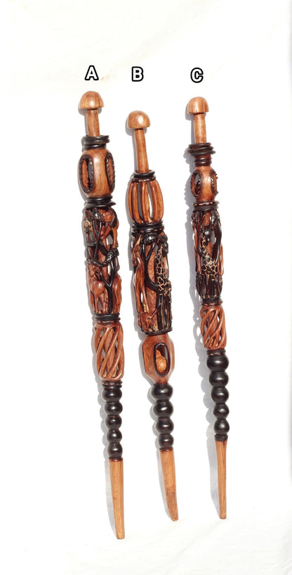 Olive Wood Animal Theme Walking Cane. Black And Brown Smooth Carved African Art Walking Stick. Antelope, Giraffe, Elephant, Lion, Leopard