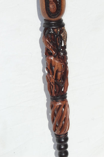 Olive Wood Animal Theme Walking Cane. Black And Brown Smooth Carved African Art Walking Stick. Antelope, Giraffe, Elephant, Lion, Leopard
