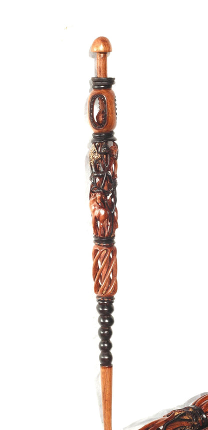 Olive Wood Animal Theme Walking Cane. Black And Brown Smooth Carved African Art Walking Stick. Antelope, Giraffe, Elephant, Lion, Leopard