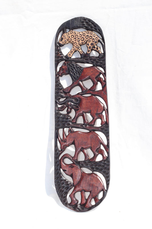 Dark Brown African Big Five Olive wood carved Wall Decor Panel with Gouged Leopard. Safari animals art Smooth Handmade gift for home/office