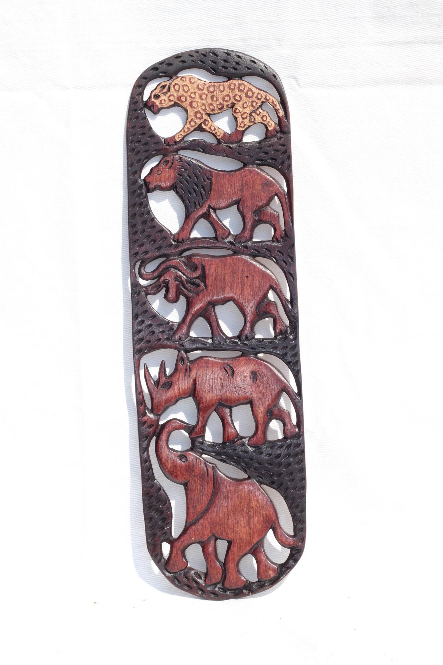 Dark Brown African Big Five Olive wood carved Wall Decor Panel with Gouged Leopard. Safari animals art Smooth Handmade gift for home/office