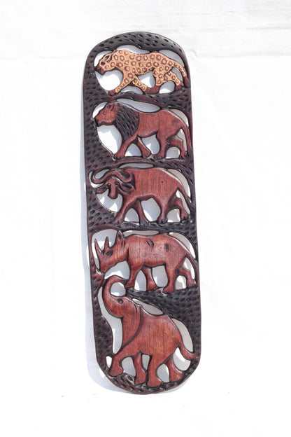Dark Brown African Big Five Olive wood carved Wall Decor Panel with Gouged Leopard. Safari animals art Smooth Handmade gift for home/office