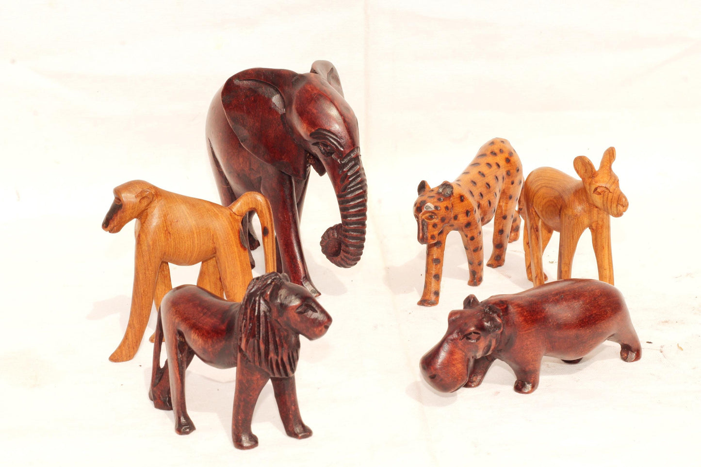 Set of 6 Carved Wooden Safari animals. Olive Wood Elephant,Lion, Hippo, Leopard, Wild dog Baboon figurines. African gift ready to Ship