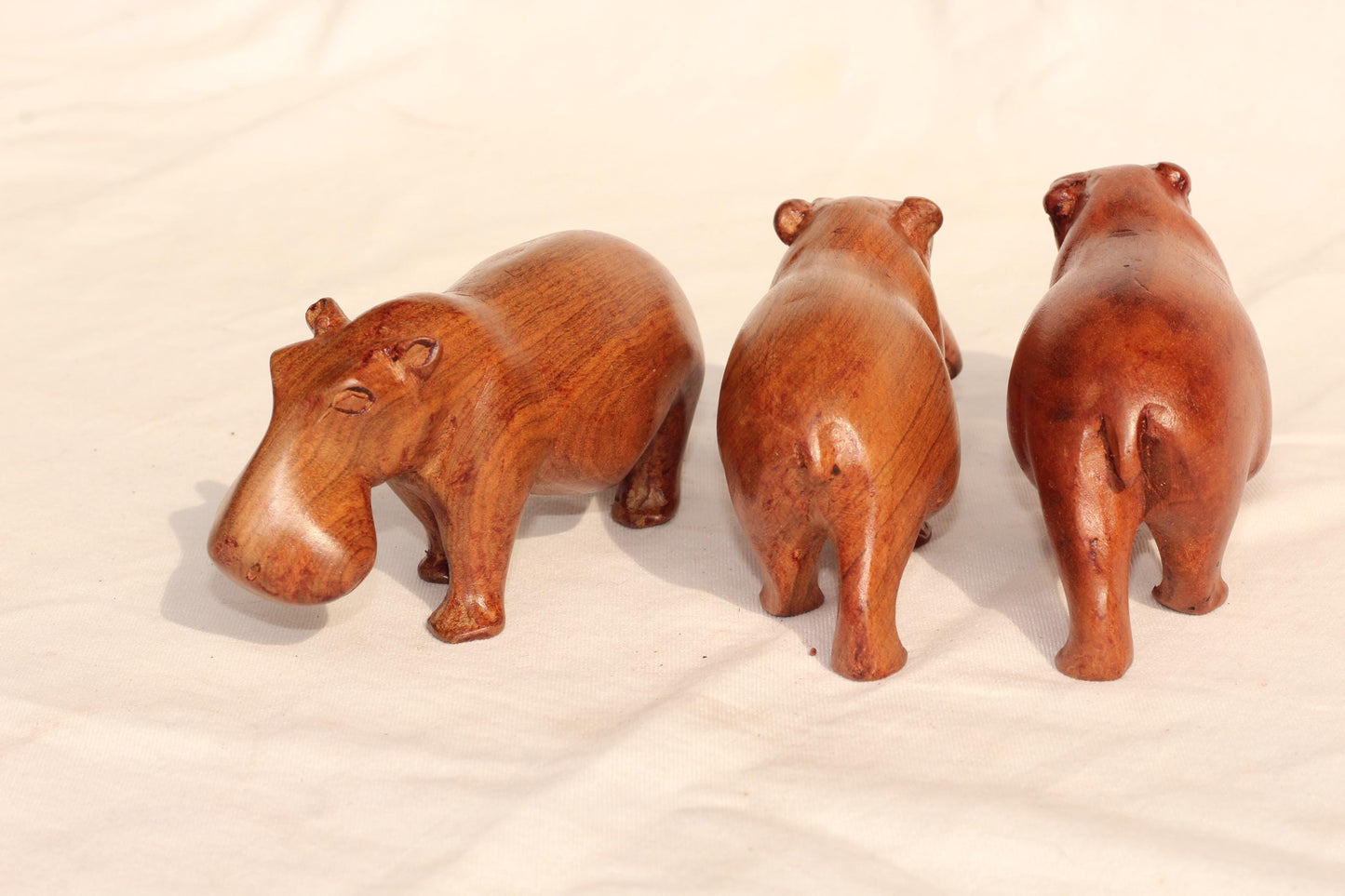Light Brown Smooth handcarved Hippo figurines Set of 3. African Safari animals Art Decor. Handcrafted home/office decor ready to ship Gift