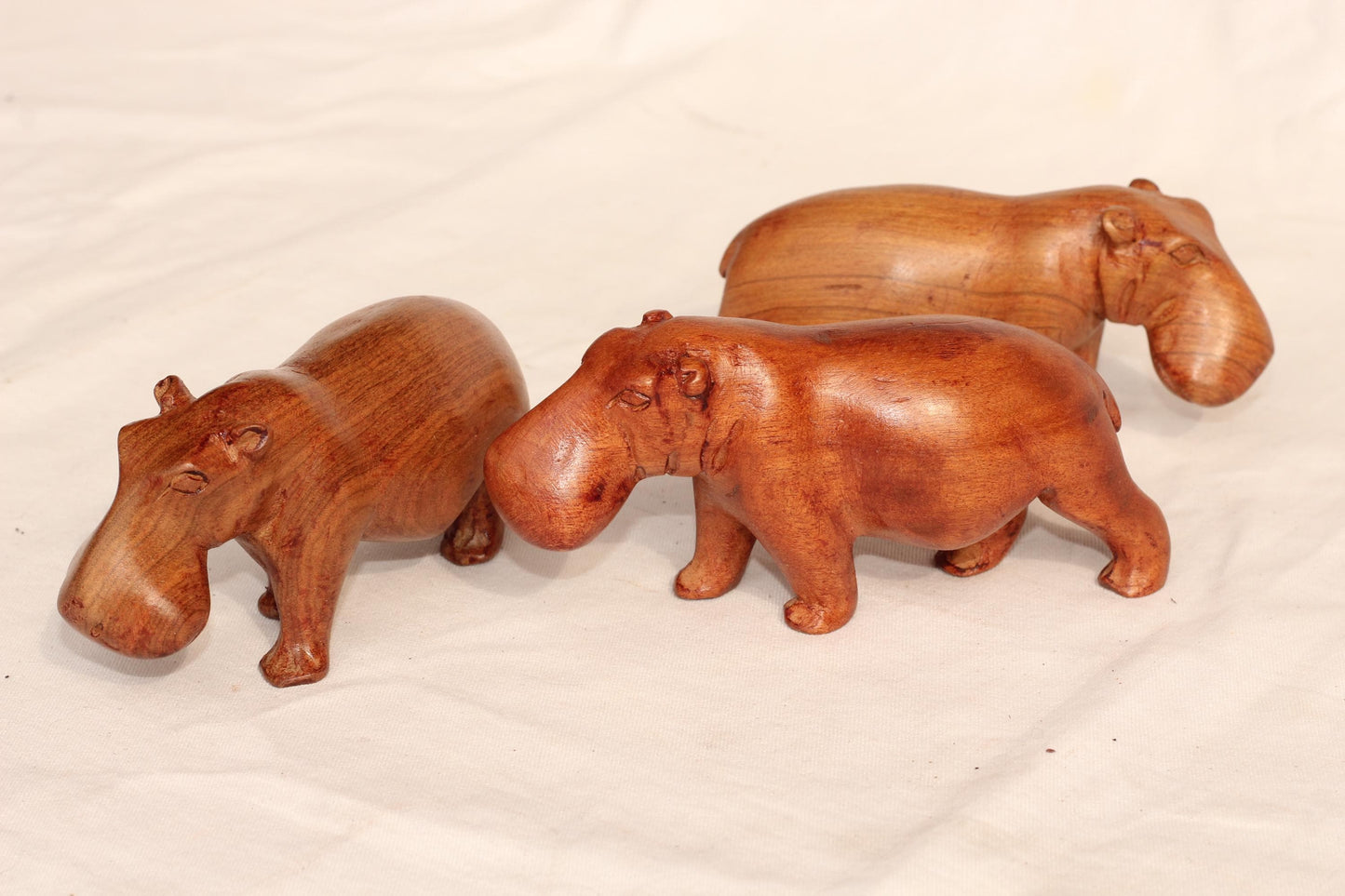 Light Brown Smooth handcarved Hippo figurines Set of 3. African Safari animals Art Decor. Handcrafted home/office decor ready to ship Gift