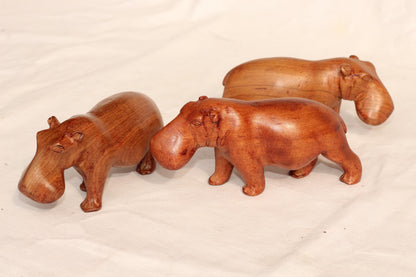 Light Brown Smooth handcarved Hippo figurines Set of 3. African Safari animals Art Decor. Handcrafted home/office decor ready to ship Gift