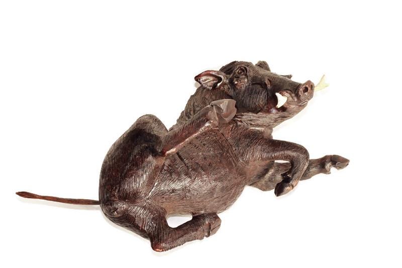 Fine Art Dark Brown Scratching Warthog Figurine. Fully detailed realistic lifelike Wooden Sculpture. Zimbabwean handcarved home/office decor