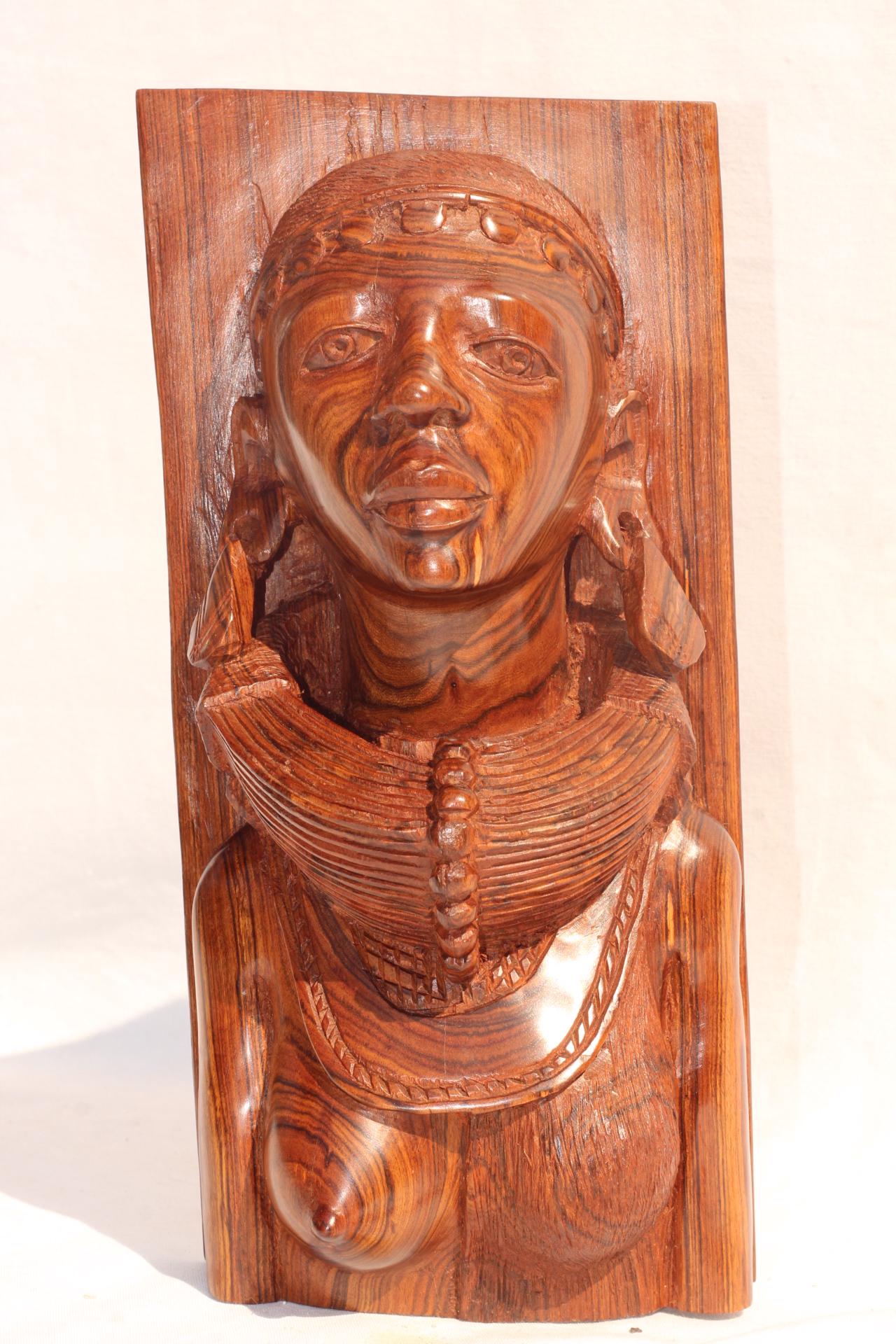 Fine Handcarved Mozambiquean Elle Sandalwood Half Body Masaai Lady Sculpture. Beautiful Wood Carving of a Beautiful African Woman.