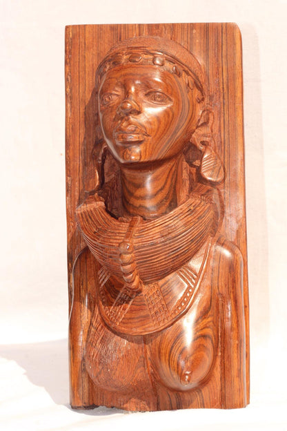 Fine Handcarved Mozambiquean Elle Sandalwood Half Body Masaai Lady Sculpture. Beautiful Wood Carving of a Beautiful African Woman.