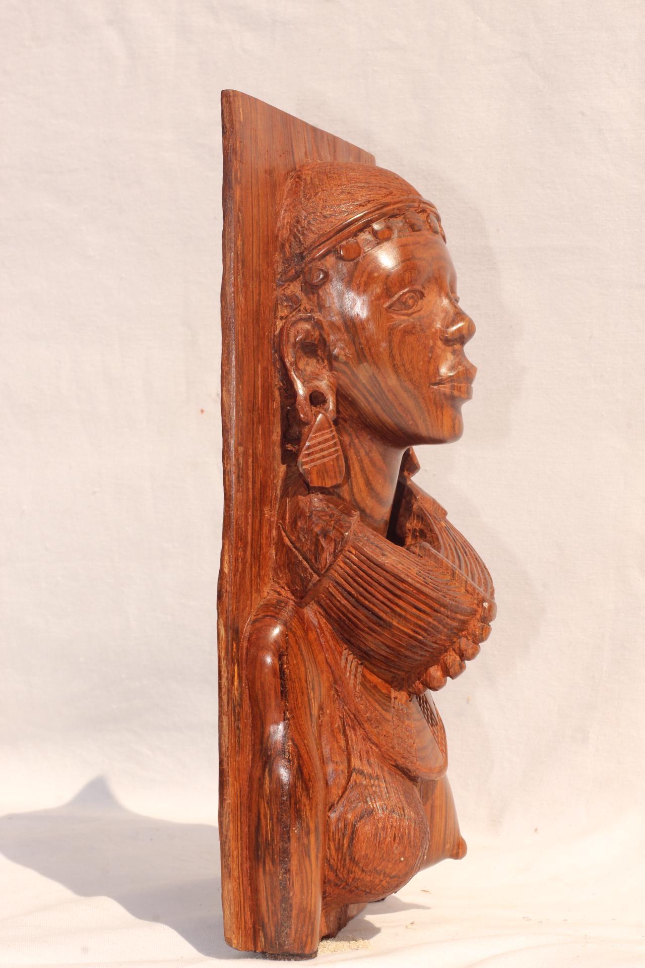 Fine Handcarved Mozambiquean Elle Sandalwood Half Body Masaai Lady Sculpture. Beautiful Wood Carving of a Beautiful African Woman.