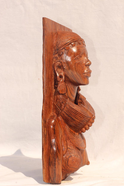 Fine Handcarved Mozambiquean Elle Sandalwood Half Body Masaai Lady Sculpture. Beautiful Wood Carving of a Beautiful African Woman.