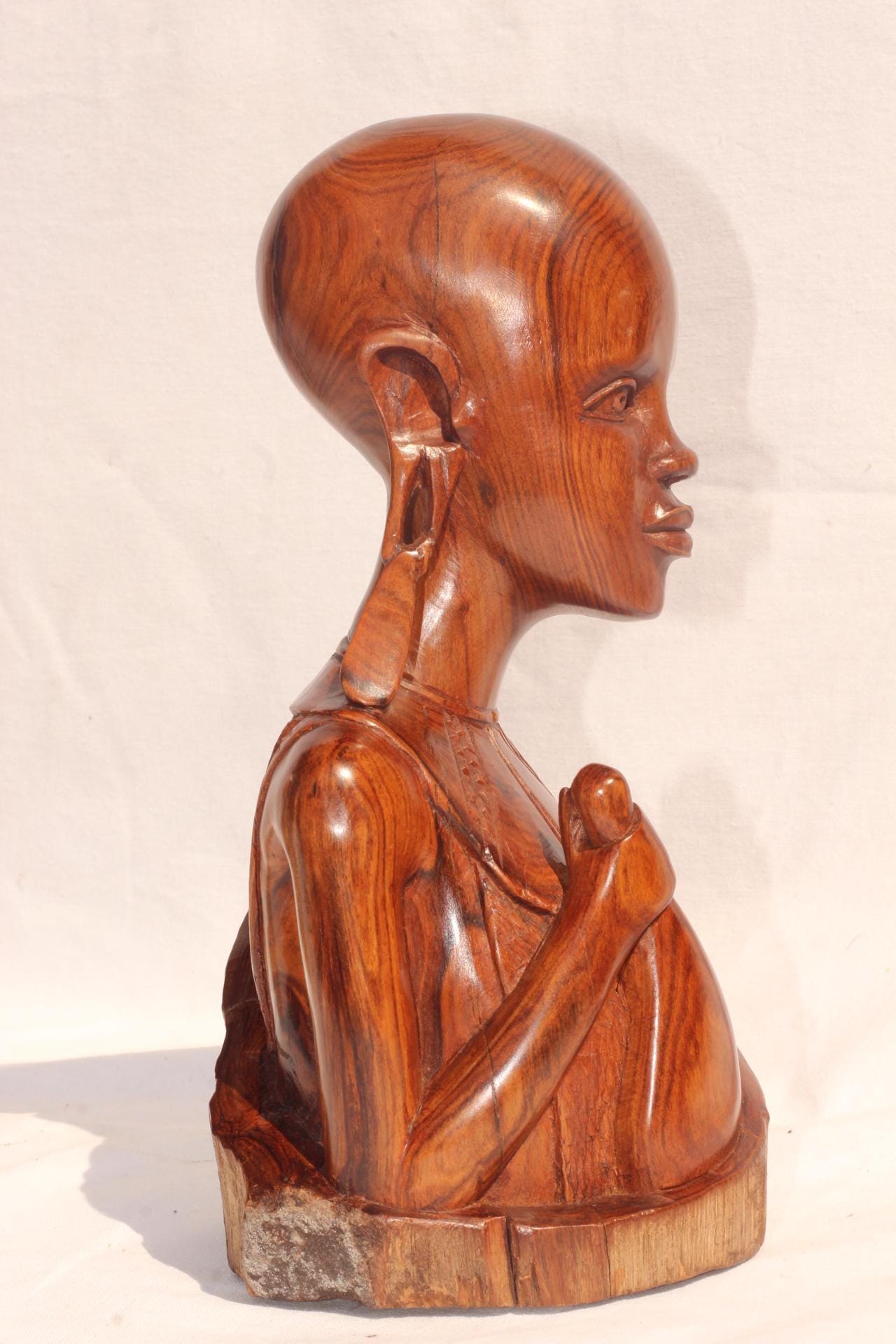 African Masaai King and Queen Art Gifts. Smooth Carved Mozambiquean Elle Sandalwood half Body Couple Sculptures. Beautiful Wood Grain Decor