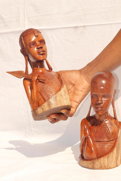 African Masaai King and Queen Art Gifts. Smooth Carved Mozambiquean Elle Sandalwood half Body Couple Sculptures. Beautiful Wood Grain Decor