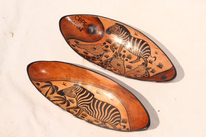 Zebra and Giraffe African animal print Bowls. Oval shaped Painted Teak wood table centerpiece bowl. Mozambique handmade Art Decor gifts