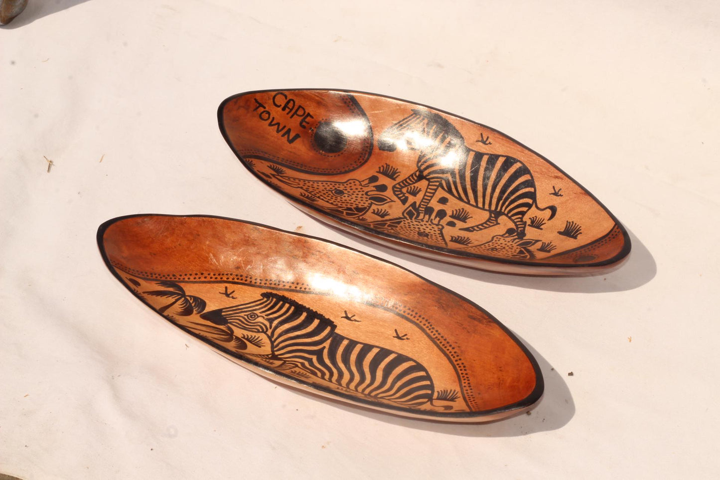 Zebra and Giraffe African animal print Bowls. Oval shaped Painted Teak wood table centerpiece bowl. Mozambique handmade Art Decor gifts