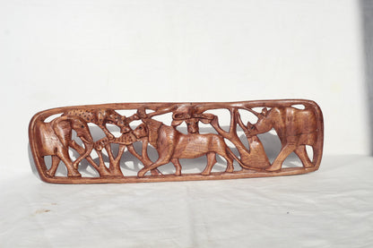 African Big Five Olive wood carved Table Decor Panel. Safari animals art Smooth self Standing Brown Polished Handcarved gift for home/office