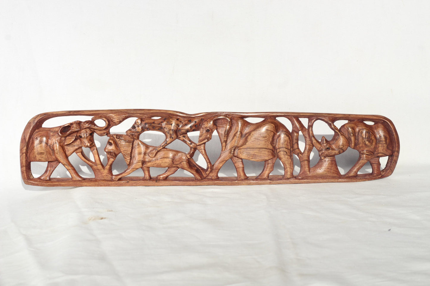 African Big Five Olive wood carved Table Decor Panel. Safari animals art Smooth self Standing Brown Polished Handcarved gift for home/office