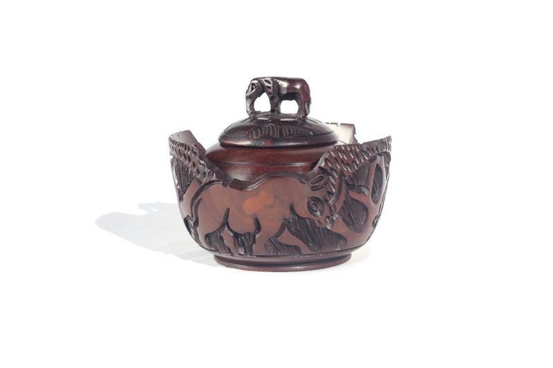 Animal Theme Ebony Wood Hand Carved Storage Bowl with Standing Elephant handle. African Coffee /Peanut bowl with animals and Tree Carvings.
