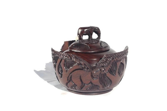 Animal Theme Ebony Wood Hand Carved Storage Bowl with Standing Elephant handle. African Coffee /Peanut bowl with animals and Tree Carvings.
