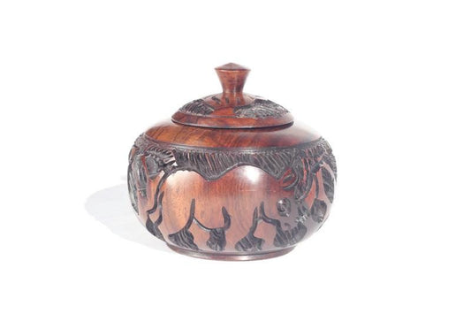 Animal Theme Art Ebony Wood Hand Carved Storage Bowl. Coffee /Sugar/ Peanut bowl with Elephant, Rhino, Lion and Tree Carvings. Ships Express