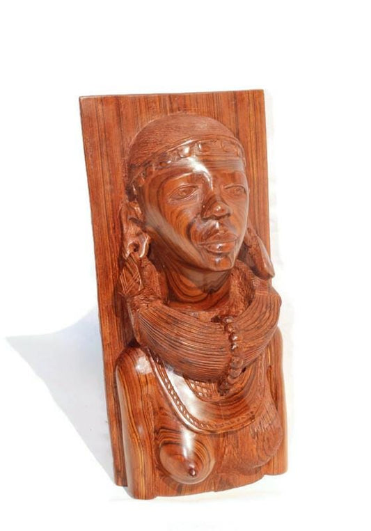Fine Handcarved Mozambiquean Elle Sandalwood Half Body Masaai Lady Sculpture. Beautiful Wood Carving of a Beautiful African Woman.