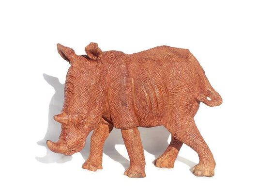 Light Brown detailed Softwood Walking Rhino Figurine/Sculpture. Large Zimbabwean handcarved home/office decoration. Ready to Ship Gifts