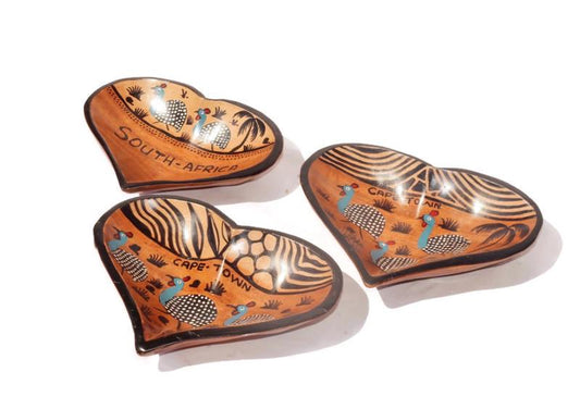 3 x Heart Shaped Guinea Fowl South African Theme animal print Bowls. Painted Teak wood table centerpiece bowls. Mozambique handmade Art gift