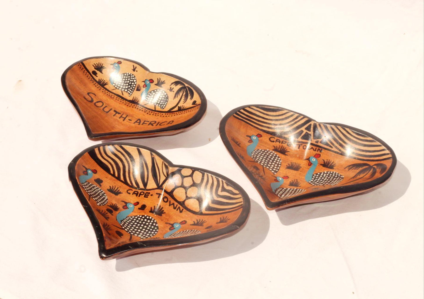 3 x Heart Shaped Guinea Fowl South African Theme animal print Bowls. Painted Teak wood table centerpiece bowls. Mozambique handmade Art gift