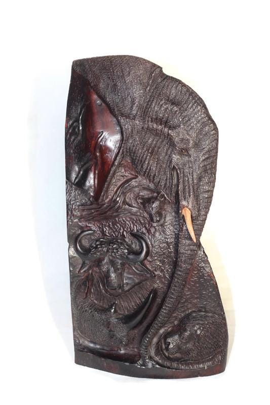 Iron Wood African Big 5 Animal heads hand carved Masterpiece. Table top Decor Self Standing 17inch Panel. Zimbabwe Dark Brown Polished Art