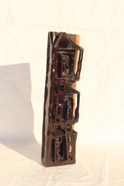 African Village life Ebony Wood Carved Tree Houses Sculpture. Smooth Handcarved Art Decor, ready to Ship from South Africa. Christmas Gift