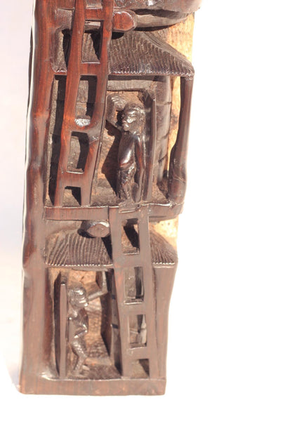 African Village life Ebony Wood Carved Tree Houses Sculpture. Smooth Handcarved Art Decor, ready to Ship from South Africa. Christmas Gift