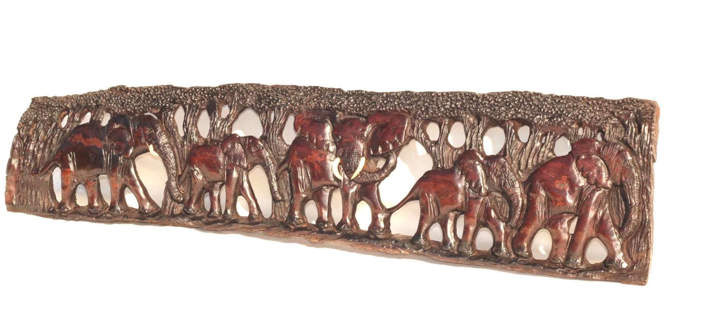 Iron Wood Walking Elephants under trees hand carved Masterpiece Decor Panel. Wall or Table top Deco housewarming art gifts. Ready to Ship