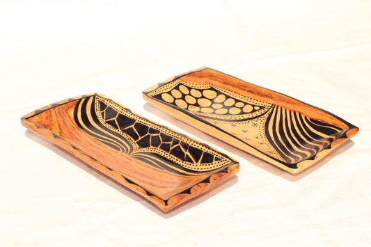 African Teak Wood Painted Bowl/tray Pair. Zebra and Giraffe animal print themed carved Brown wooden bowls. Christmas gifts ready to Ship