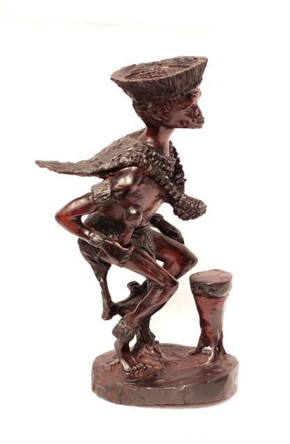 African Traditional Dancer/ Drummer, Larger Smooth Zimbabwe Handcarved Ironwood Amazing detail lifelike sculpture. 43cm Tall Ready to Ship