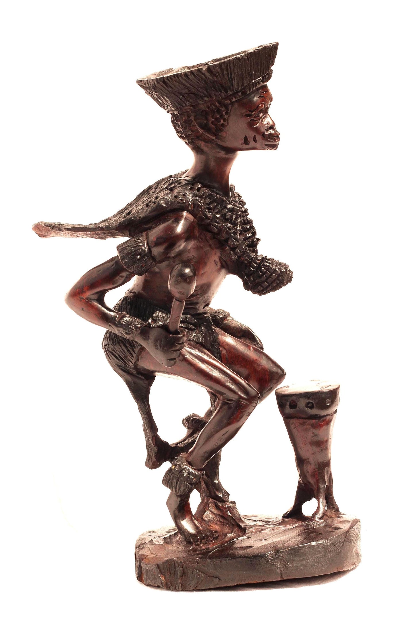 African Traditional Dancer/ Drummer, Larger Smooth Zimbabwe Handcarved Ironwood Amazing detail lifelike sculpture. 43cm Tall Ready to Ship