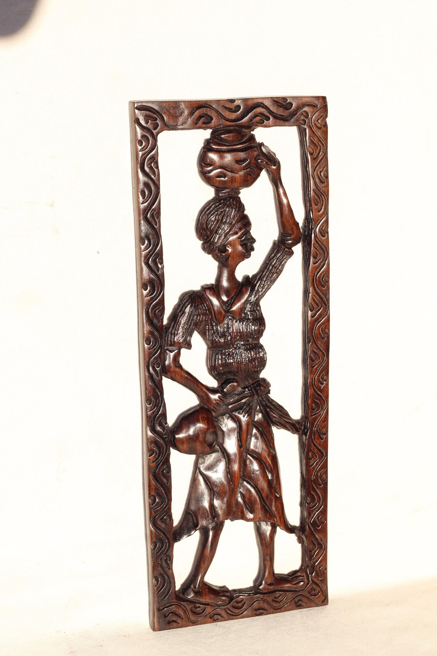 African Village Life Frame with a Lady carrying a Clay pot/Basket. Malawian Iron Wood Detailed Handcarved Wall Hanging Art Christmas Gift.