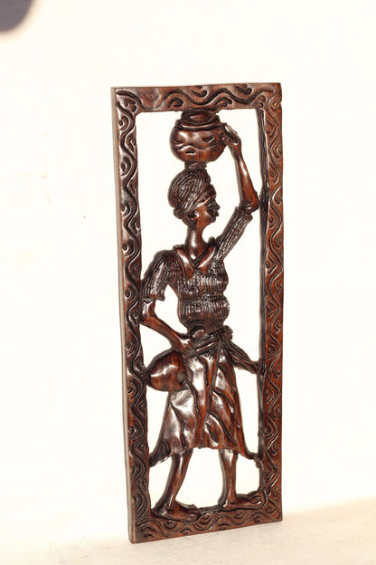 African Village Life Frame with a Lady carrying a Clay pot/Basket. Malawian Iron Wood Detailed Handcarved Wall Hanging Art Christmas Gift.