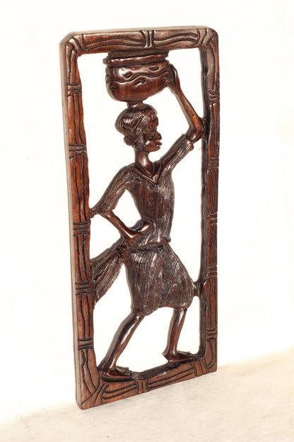 African Village Life Frame with a Lady carrying a Clay pot/Basket. Malawian Iron Wood Detailed Handcarved Wall Hanging Art Christmas Gift.