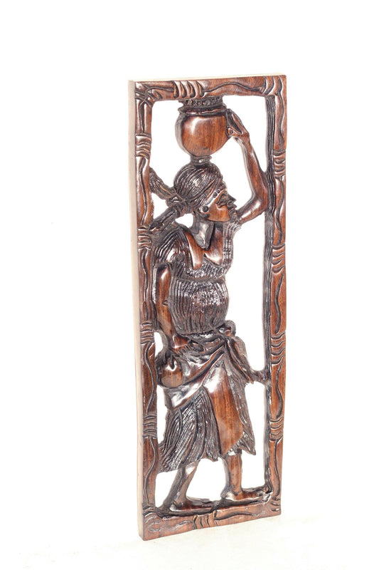 African Village Life Frame with a Lady carrying a Clay pot/Basket. Malawian Iron Wood Detailed Handcarved Wall Hanging Art Christmas Gift.