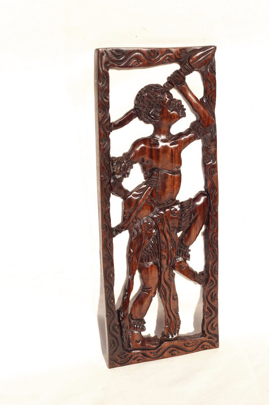 African Village Life Frame Warrior carrying a spear and a Shield. Serve the King, Malawian Iron Wood Handcarved Wall Art Gift. Ready to Ship
