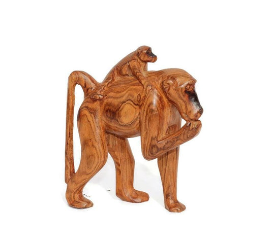 Life-like Olive wood Walking baboon with infant. Unique African handmade interior decor art. Made in Zimbabwe, home decor gift ready to Ship