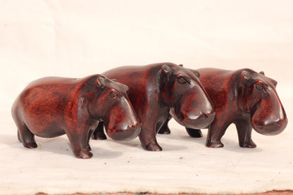 Dark Brown Smooth handcarved Hippo figurines Set of 3. African Safari animals Art Decor. Handcrafted home/office decor ready to ship Gift