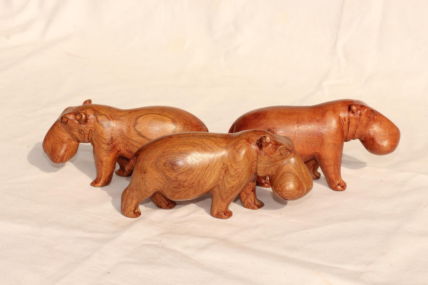 Light Brown Smooth handcarved Hippo figurines Set of 3. African Safari animals Art Decor. Handcrafted home/office decor ready to ship Gift