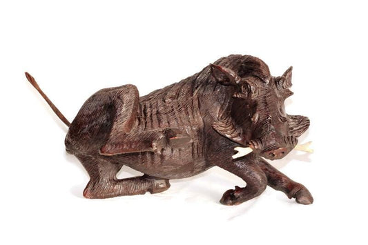 Fine Art Dark Brown Scratching Warthog Figurine. Fully detailed realistic lifelike Wooden Sculpture. Zimbabwean handcarved home/office decor