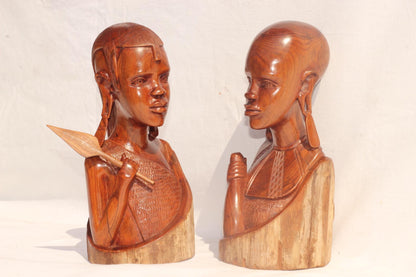 African Masaai King and Queen Art Gifts. Smooth Carved Mozambiquean Elle Sandalwood half Body Couple Sculptures. Beautiful Wood Grain Decor