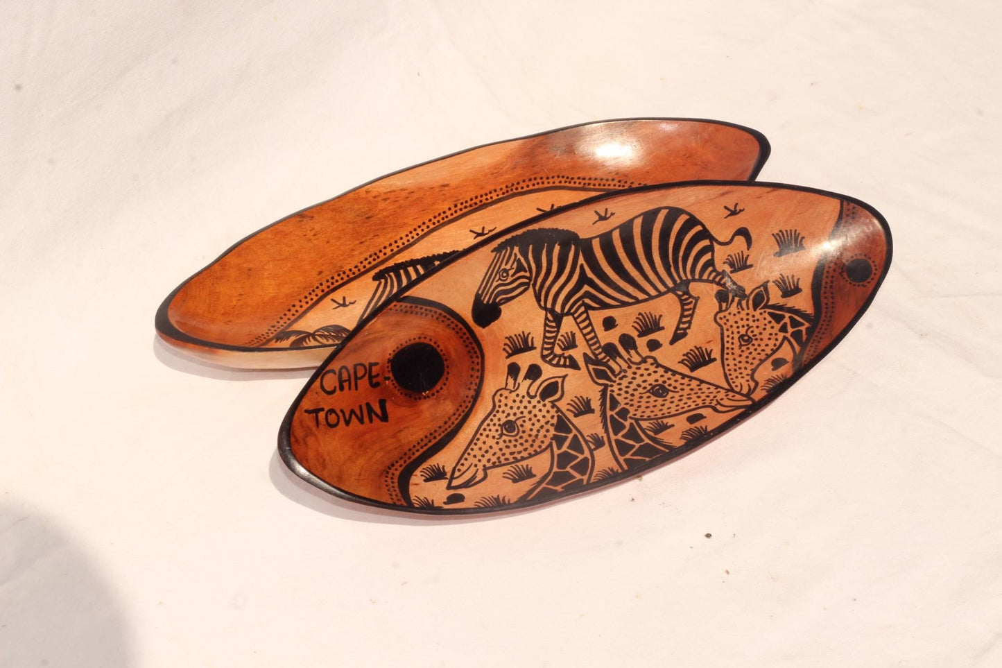 Zebra and Giraffe African animal print Bowls. Oval shaped Painted Teak wood table centerpiece bowl. Mozambique handmade Art Decor gifts