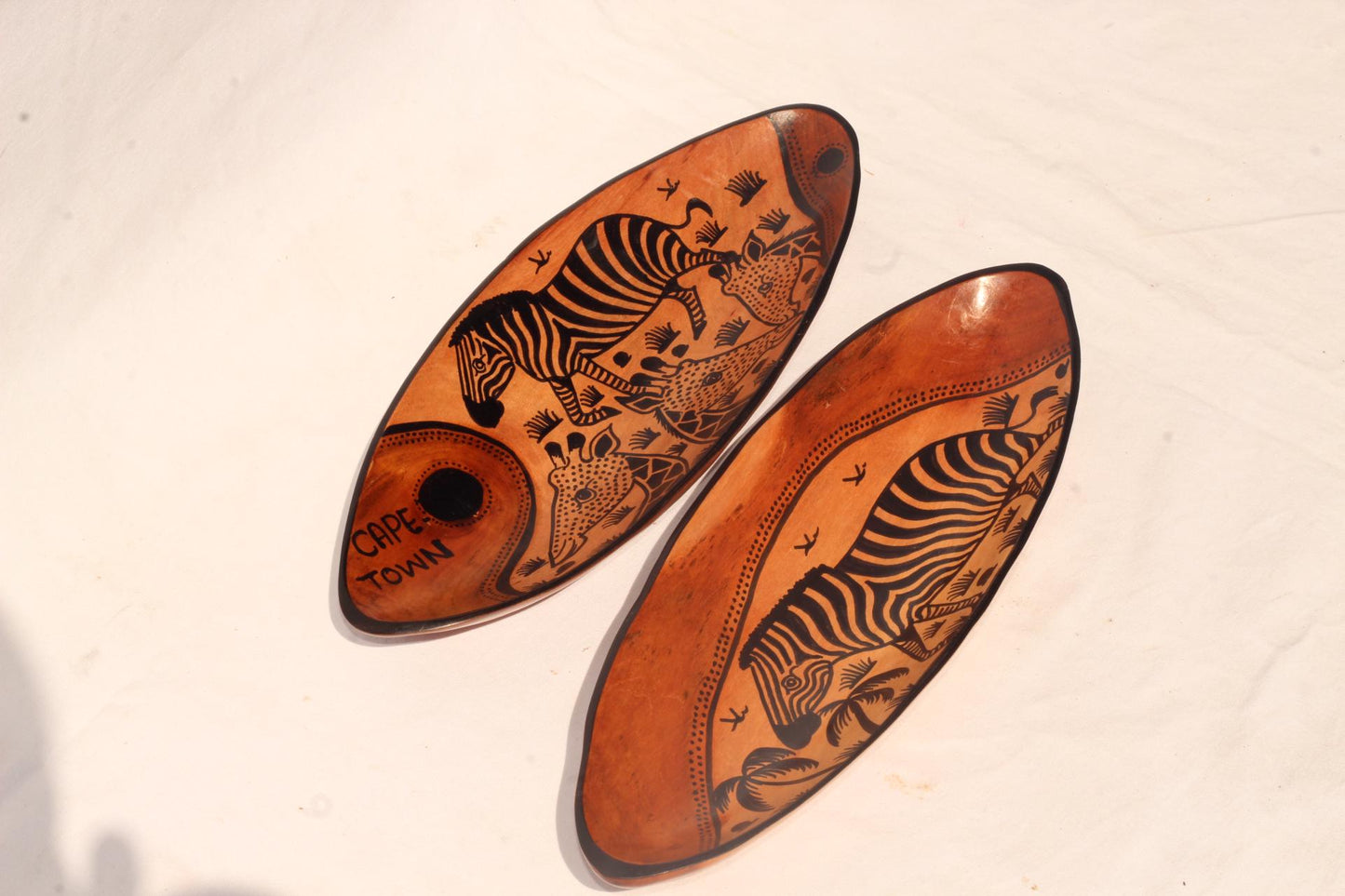 Zebra and Giraffe African animal print Bowls. Oval shaped Painted Teak wood table centerpiece bowl. Mozambique handmade Art Decor gifts